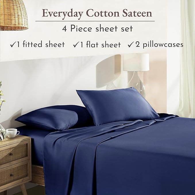 California Design Den Natural 100% Cotton Sheets Full Size Bed Set with Deep Pockets - Soft Sateen Weave, Durable Full Size Sheets (Navy Blue)