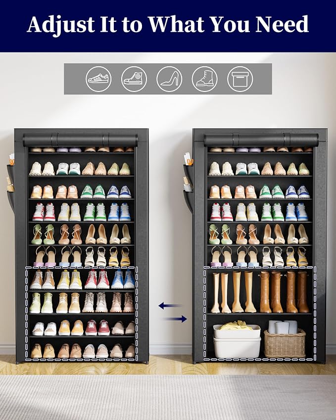 Kitsure Shoe Rack - 10-Tier Shoe Organizer with Zippered Dust Cover & Side Pockets, Easy to Assemble, Space Saving Shoe Rack for Closet, Entryway, Living Room, 33" x 12.4" x 69.3", Black - Image 4