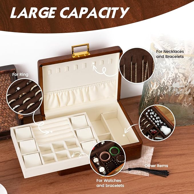 Solid Walnut Wood Jewelry Box with Lock, 2 Layer Velvet Jewelry Organizer Storage for Earrings Rings Necklaces Bracelets Cufflink, Gift Idea for Men Women, Beige - Image 8