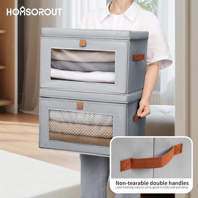 Homsorout Large Closet Storage Bins - Collapsible Storage Bins with Handles & Window, Fabric Cube Organizer with Lids, Decorative Boxes for Living Room, Closet, Dorm, 4 Pack, Grey - Image 3