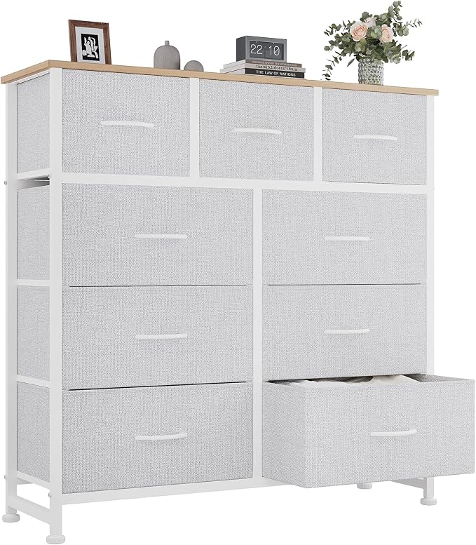 OLIXIS 9 Drawer Storage Dresser with Wood Top - Wide Fabric Chest Organizer for Bedroom, Closet, Living Room,Tower Cabinet, TV Stand, Hallway Entryway Furniture,Light Grey by OLIXIS