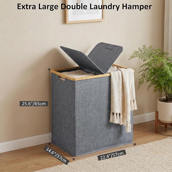 efluky Laundry Hamper with Lid, Double Laundry Hamper with 2 Removable Bags, 2 Section Laundry Basket with Bamboo Handles for Bathroom, Bedroom & Laundry Room, 140L (36.9 Gallon) Blue Grey - Image 2
