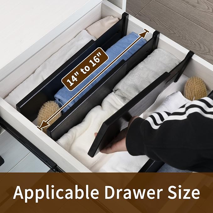 Utoplike Bamboo Dresser Drawer Dividers, 4'' High Adjustable Drawer Organizers for Clothing, Spring Loaded, Works in Kitchen, Bathroom, Bedroom, Drawer, Desk, 4 PCS, Black - Image 2