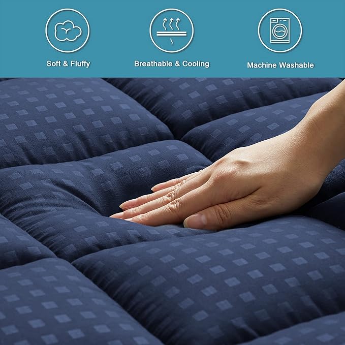 HYLEORY Full Mattress Pad Quilted Fitted Mattress Protector Cooling Pillow Top Mattress Cover Breathable Fluffy Soft Mattress Topper with 8-21" Deep Pocket, Navy