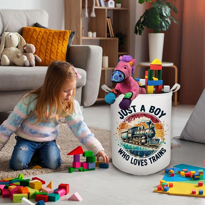 Just a Boy Who Loves Trains Laundry Basket, Toybox for Boys, Gifts for Train Lovers Enthusiasts Laundry Hamper Waterproof Collapsible Storage Bin Organizer for Bedroom Bathroom Dorm Clothes Toys - Image 3