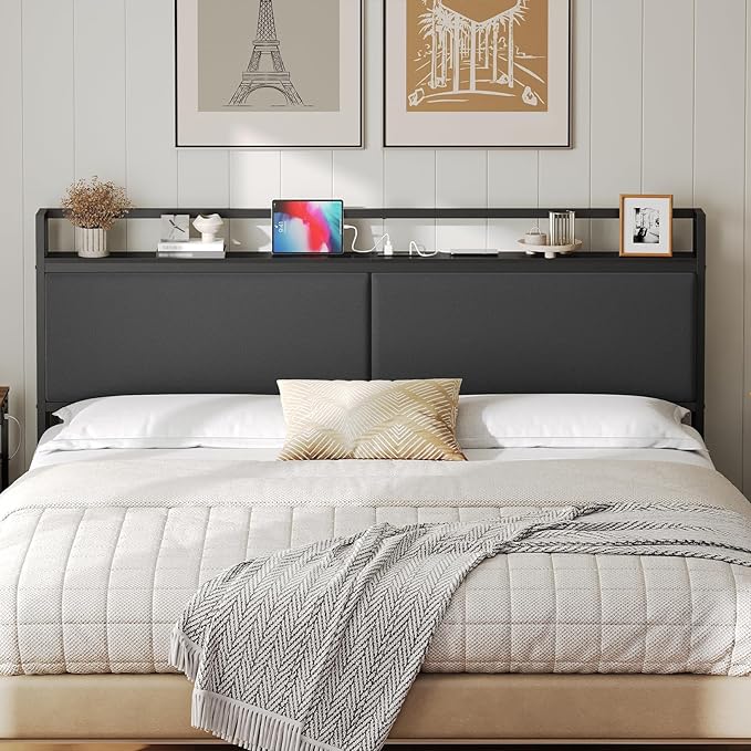 YATINEY King Size Headboard Only, Upholstered King Headboard with Charging Station, Head Board with Open Storage, Height Adjustable, Vintage Style, Sturdy and Stable, Black