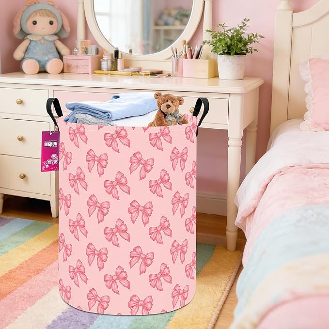Laundry Hamper Large Canvas Fabric Lightweight Storage Basket/Toy Organizer/Dirty Clothes Collapsible Waterproof for College Dorms, Boys and Girls Bedroom,Bathroom(Pink bowknots) - Image 4
