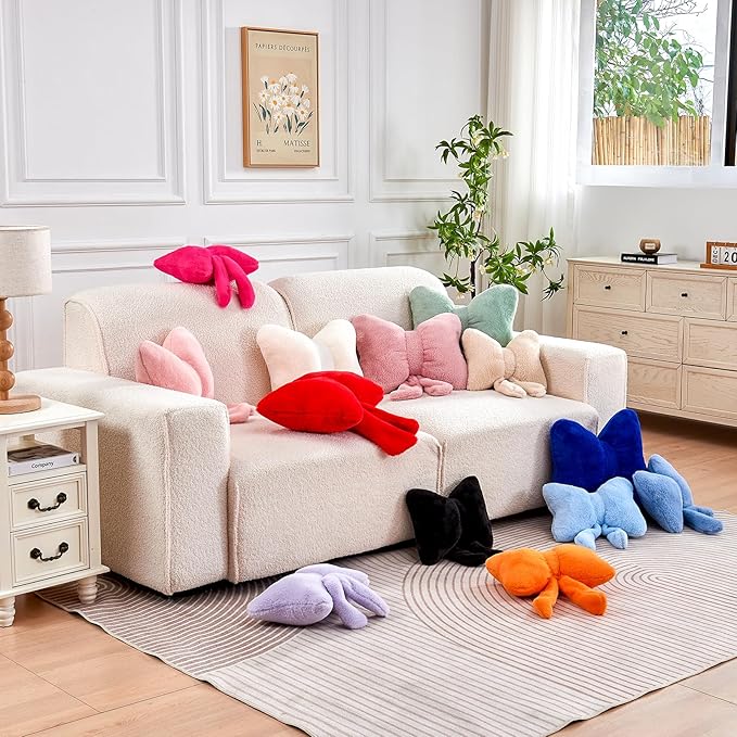 XVTRU Dusty Pink Bow Pillow, Soft Bow Decorative Pillows with Faux Rabbit Fur, Cute 16" Bow Throw Pillows, Aesthetic Home Decor Bow Shaped Plush Pillow for Bedroom Sofa Couch