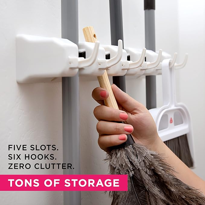 Broom Holder Wall Mount, Mop and Broom Organizer – Wall Mounted Broom Rack & Mop Rack, Rack for Brooms and Mops | Broom Hanger Wall Mount with 5 Slots & 6 Hooks, Kitchen Garage Laundry Garden (White) - Image 2