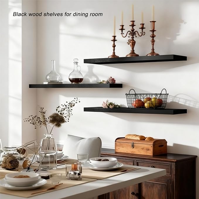ROGMARS Black Wooden Floating Shelves for Wall 36 Inches Long,Rustic Solid Wood Farmhouse Wall Shelves with Invisible Brackets for Bathroom, Living Room, Bedroom, Kitchen Set of 3 - Image 5