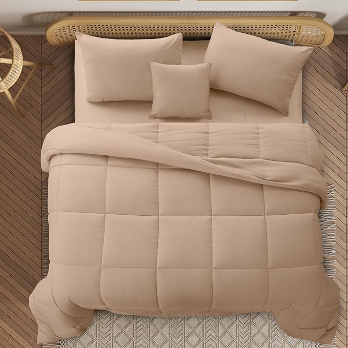 LUX Décor 5pc Queen Comforter Set, All-in-One Bed in a Bag, Includes 1 Comforter, 2 Pillow Shams, 1 Decorative Pillow & 1 Bed Skirt (Beige, Queen)