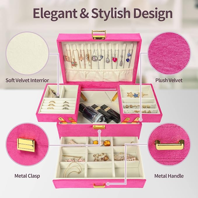 Dajasan Jewelry Organizer Box, Large Jewelry Boxes for Women Girls, Space-Saving 3 Layers Jewelry Storage Case with Drawer, Gift Idea for Christmas, Valentine's Day, Birthday, Mother's Day (Red) - Image 3