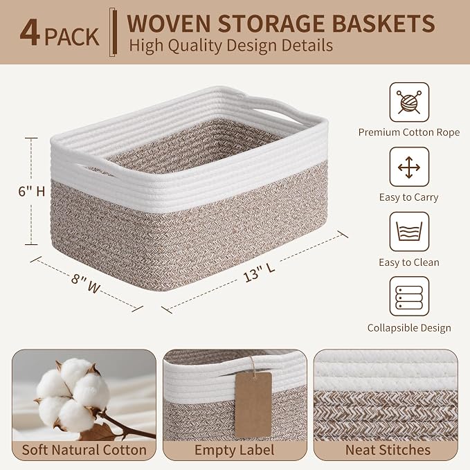 Goodpick 4 Pack Storage Baskets for Shelves, Rectangle Cotton Rope Baskets for Organizing, Woven Storage Basket for Baby Toys Diapers, Decorative Shelf Basket for Gifts, 13''L x 8''W x 6''H - Image 3
