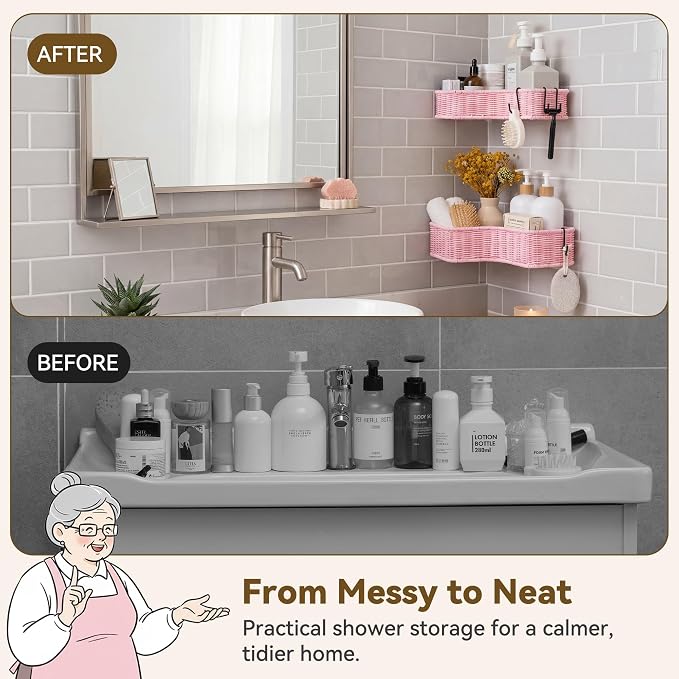 GRANNY SAYS 2 Pack Wicker Corner Shower Caddy Hanging, Shower Shelf for Inside Showers, Adhesive Shelves for Bathroom Organizers and Storage, Bathroom Shelves Wall Mounted with 4 Hooks for Decor, Pink - Image 3