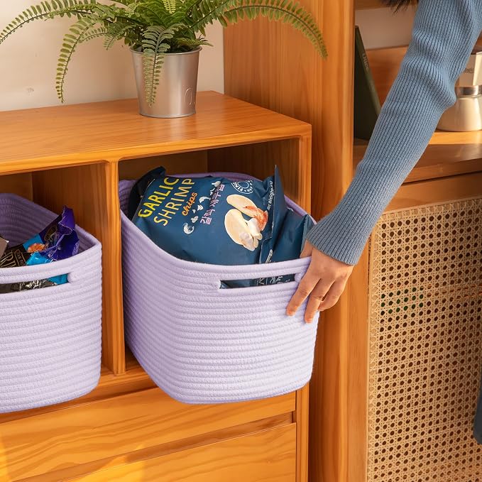 OIAHOMY 4 Pack Storage Baskets for Organizing, Cube Storage Bins for Shelves, Rectangle Storage Baskets With Handles, Woven Baskets for Storage, 12.7''Lx9''Wx7.8''H, Purple - Image 4