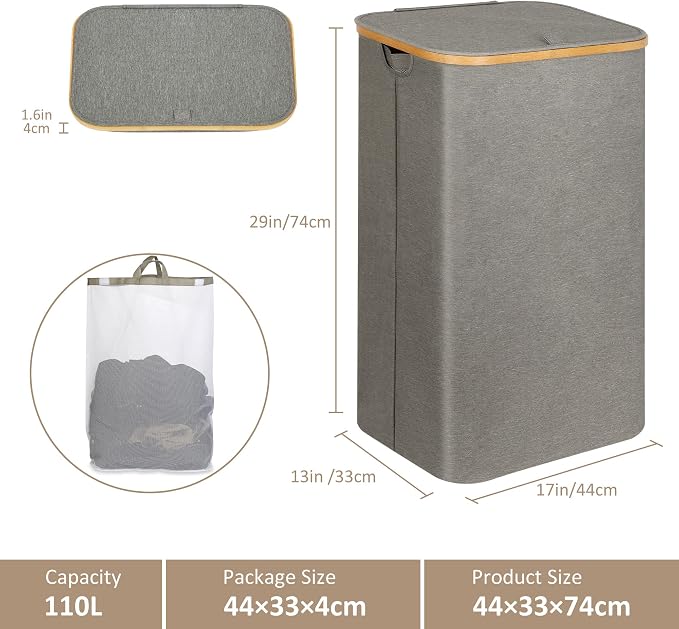 iEGrow Laundry Hamper with Lid, 110L Large Laundry Hamper with Handle and Lid, Collapsible Clothes Basket Organizer with Removable Inner Bag for Clothes Toys Towels - Grey - Image 3