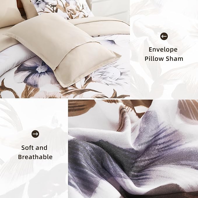 Luxudecor Floral Comforter Set King Size 7 Piece, Beige Flower Bed in a Bag, Elegant Comforter Bedding Set for All Season (Beige, 104"x90")