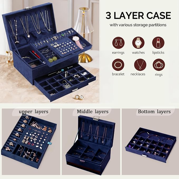 Jewelry Organizer Box for Women Girls, VintageJewelry Box 3-Tier Jewelry Display Case and Organizer,Lockable Jewelry Display Case Anti Tarnish,Varying Compartments for Bracelets, Rings (Blue) - Image 3