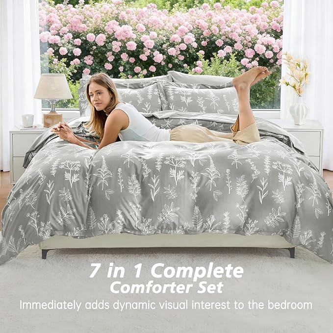 MUXHOMO Silver Grey Bed in a Bag Queen 7 Pieces, Queen Comforter Set Reversible Botanical Flowers Design, Ultra Soft & Breathable Bedding Sets with Comforter, Sheets, Pillowcases & Shams