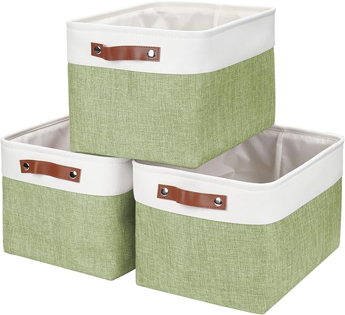 Bagnizer Storage Bins Large Fabric Storage Baskets for Shelves 3 Pack, Decorative Linen Closet Baskets with Handles for Organizing, Shelf, Clothes, Home, Office, 15x11x9.5Inches (Green&White) by Bagnizer