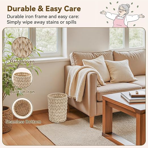 GRANNY SAYS Small Wicker Trash Can, 2 Gallon Bathroom Waste Basket, Small Bathroom Garbage Can, Plastic Trash Basket for Decor, Round Wastebaskets for Office, Bedroom, Cabinet - Image 3