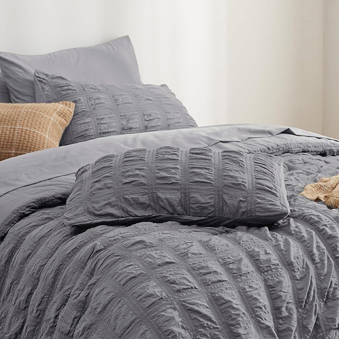 Bedsure Bed in a Bag Twin - 5 Pieces Plaid Seersucker Bedding Comforter Sets, Soft Lightweight Grey Boho Bed Set with Comforters Twin Size, Sheets, Pillowcase & Sham