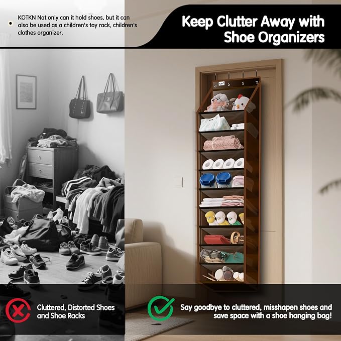 Kotkn 10 Tier Over The Door Organizer - Heavy Duty Hanging Storage Rack with Sturdy Oxford Fabric, Holds 20+ Pairs of Footwear, Boots & Sneakers, Saves 50% Closet Space (Dark Curry) - Image 6