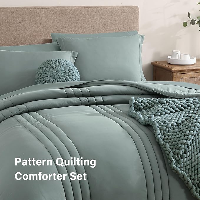 Monbix Super King Plus Size Comforter Set - 7 Pieces Sage Green Bed in a Bag Super King Plus Bedding Sets with Comforters, All Seasons Comforter Bed Set with Sheets,Pillowcases & Shams