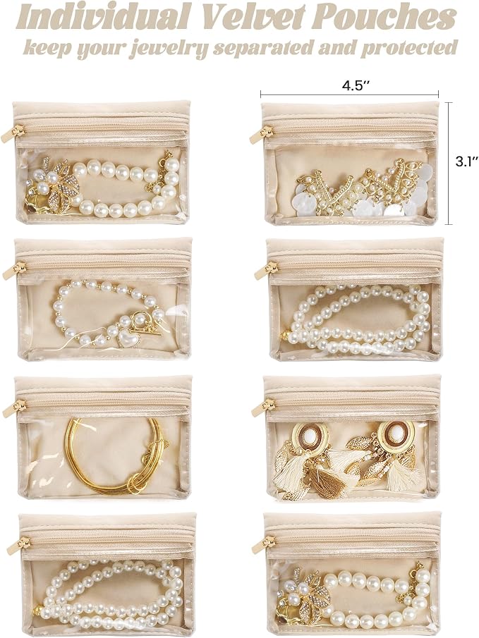Travel Jewelry Case, Small Travel Jewelry Box with 8 Velvet Jewelry Bag Mini Pouch, Portable Travel Jewelry Organizer for Rings Earrings Necklaces (Beige 8 Pcs) - Image 2