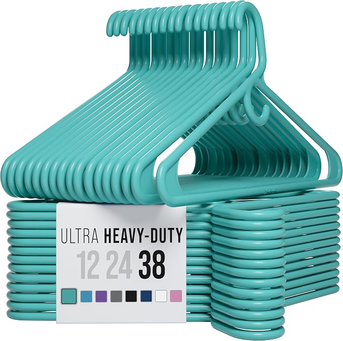 NEATERIZE Thick Heavy Duty Hangers - Aqua Plastic Clothes Hangers 38 Pack - Great for Coat Hanger, Jackets Jeans & Suit Hanger for Closet - New Apartment Essentials Percheros Ganchos para Colgar Ropa by Neaterize
