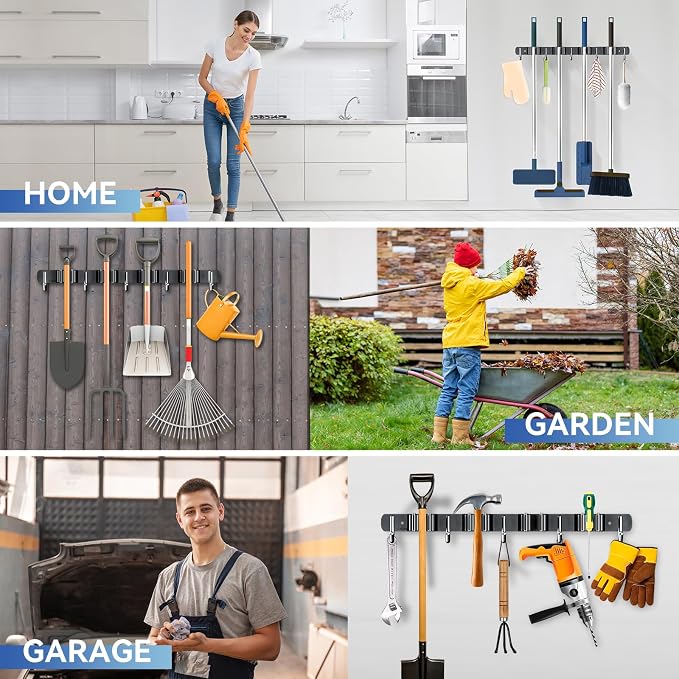 ZONGOOL 4 Racks and 5 Hooks Broom Holder Wall Mount Mop Hanger Wall Mount Metal Organization Tool Organizer Wall Hanging for Home Kitchen Garden Laundry Garage (Black) - Image 7