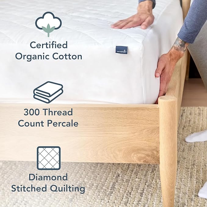 Naturepedic Organic Cotton Mattress Protector - Quilted Organic Cotton Mattress Pad with GOTS-Certified Non-Toxic, 100% Cotton Fabric and Fill - Twin Size Mattress Cover 38" W x 75" L