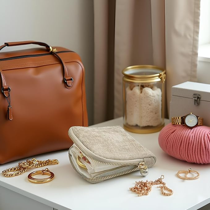 Small Travel Jewelry Case - Jewelry Travel Organizer Bag with Tassel Zipper for Bracelets, Necklaces, Bangles, Jewelry Organizer Storage Bag Gift for Women Girls - LJB002-Beige - Image 5