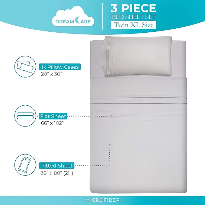 DREAMCARE Twin XL Sheet Sets - 3 pcs Breathable Cooling Bed Sheets - up to 21" Extra Deep Pocket Twin XL Sheets Set with Side Pockets - Extra Soft 100% Brushed Hypoallergenic Hotel Luxury - Light Gray