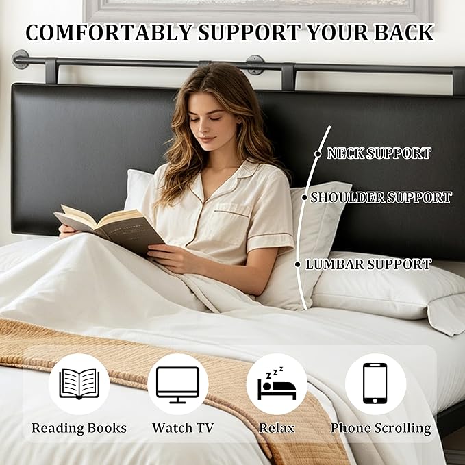 BSHOMGI King Size Headboard Wall Mount Headboard, PU Leather Head Board Only Black Hanging Head Boards, Industrial Pipe Modern Bed Backboard for Bedroom (Black, King)