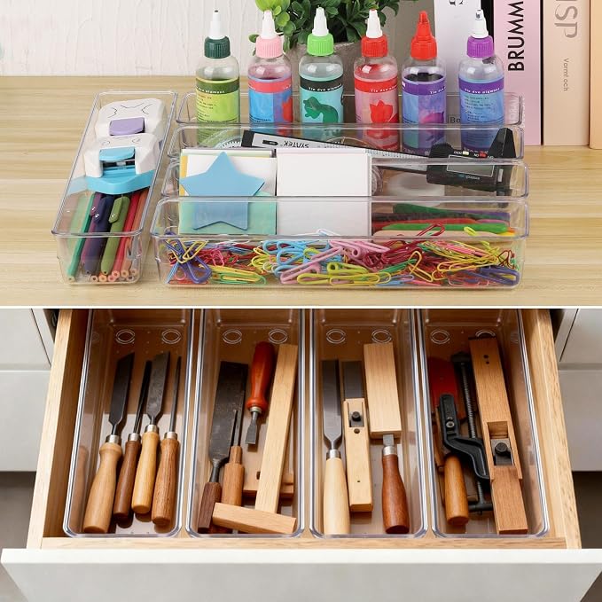 Ohlove 6 Pcs Large Clear Plastic Drawer Organizers Tray 12"x3" Storage Bins with 25 Pcs Non-Slip Pads for Makeup, Jewelries, Kitchen Utensils, Bathroom and Office - Image 6