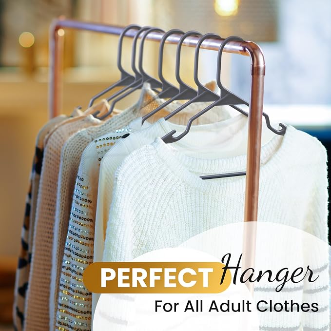 Our Modern Space 50 Pack Adult Plastic Hanger for Shirt Pants Coats Dresses Skirts Suits Jackets - Standard Thick Coat Hanger - Sturdy & Durable Design with Shoulder Grooves Hook - Grey - Image 2