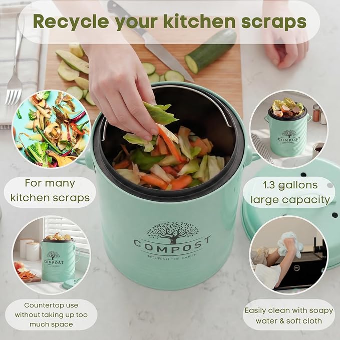 Perfnique Kitchen Compost Bin, 1.3 Gallon Countertop Compost Bin with Lid, Indoor Compost Bucket Includes Inner Bucket Liner and Carbon Filter, Small Compost Bin with Trash Bags (with Bags, Mint) - Image 3