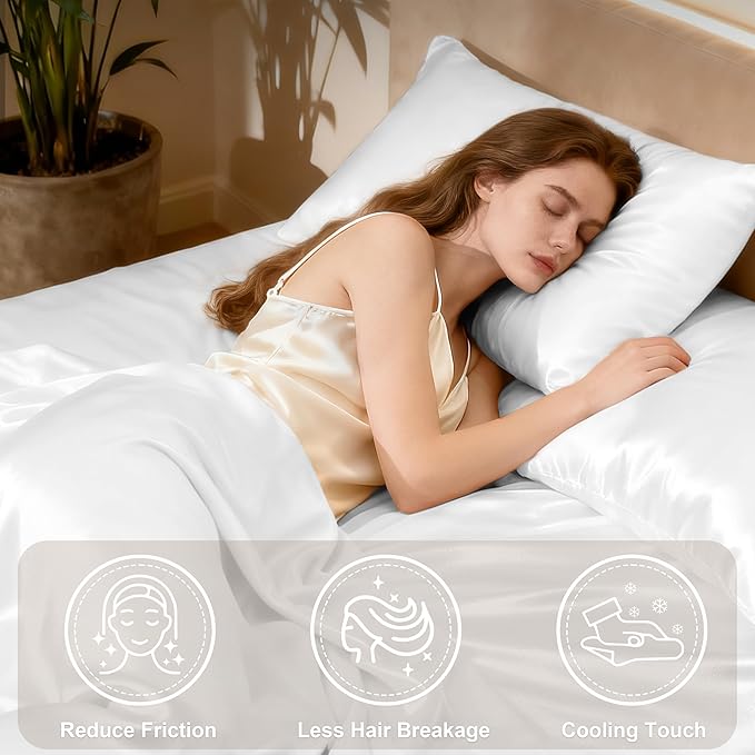 Love's cabin California King Satin Sheet Sets - 4 Piece White Silky Sheets Bed Set with Deep Pocket, Luxury Silk Feel Satin Cal King Sheet Set (1 Flat Sheet,1 Fitted Sheet,2 Pillow Cases)