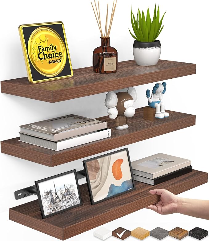BAYKA Floating Shelves for Wall, Set of 3, Wall Mounted Rustic Wood Shelves for Bathroom, Bedroom, Living Room, Kitchen, Small Hanging Shelf for Books/Storage/Room Decor, Walnut-Like, 15.7in by Bayka