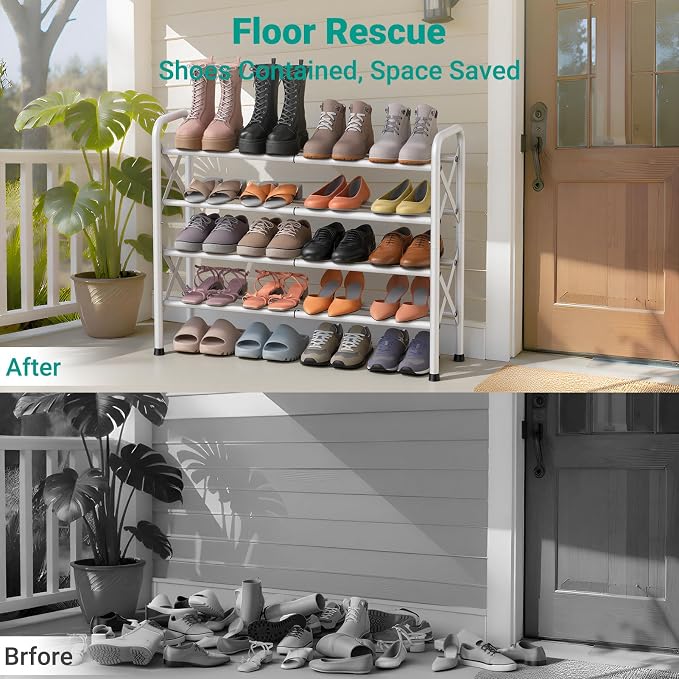 YEASHEIN 4-Tier Expandable Shoe Rack for Closet Floor, X-Frame Metal Small Shoe Rack for Entryway, Adjustable Shoe Shelf Organizer, Free Standing Shoe Racks for Front Door Entrance, Garage - White - Image 6