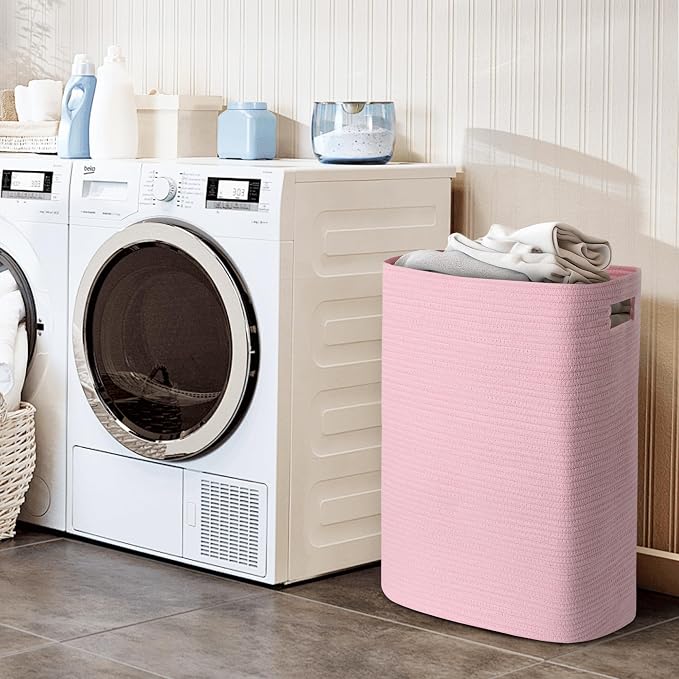 MEGASKET Large Laundry Hamper 16"x13"x22" - Tall Woven Laundry Basket, Cotton Rope Dirty Clothes Hamper, Baby Kids Nursery Wicker Laundry Basket, Bedroom Aesthetic, Soft Laundry Bin, Pink Hamper, 75L - Image 5
