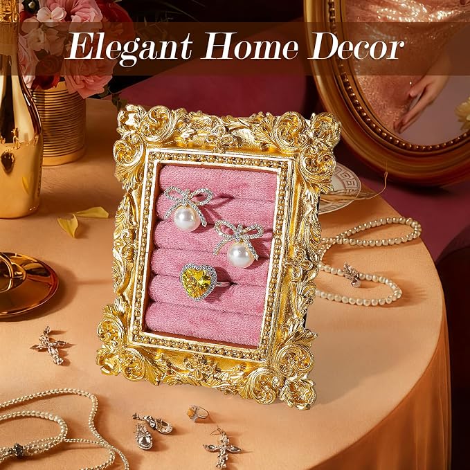 Vintage Ring Holder Rectangle Gold Velvet Display Stand - Baroque Jewelry Organizer Box Tray for Wedding Engagement Anniversary Women Birthday Christmas Gift Photograph Prop (MPF05-Gold Pink) - Image 4