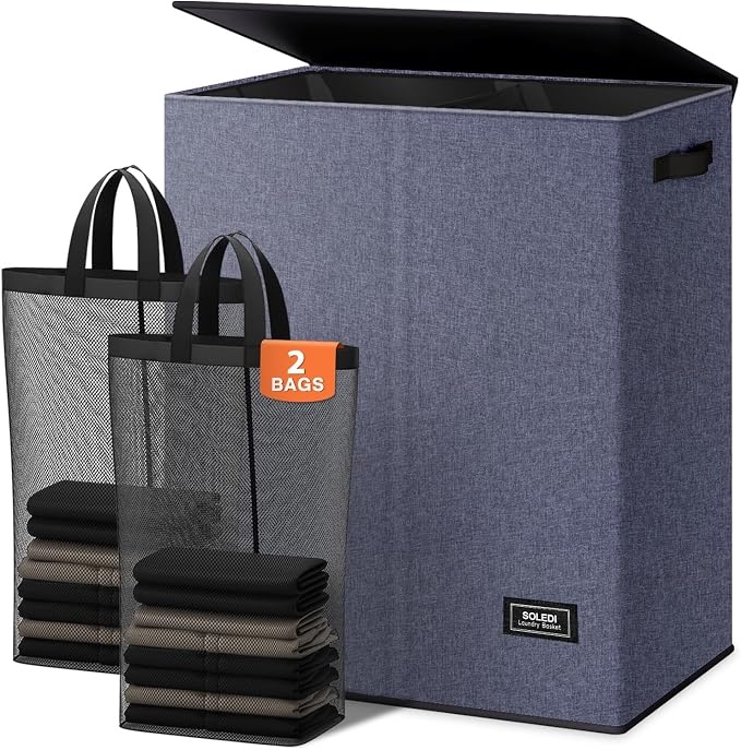 SOLEDI Large Double Laundry Hamper with Lid, Collapsible Clothes Hamper 2 section with Removable Bags, Space-Saving Laundry Basket for Bedroom, Dorm, College by SOLEDI