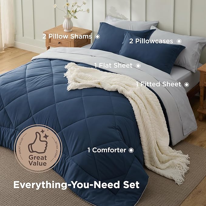 Bedsure Oversized Queen Comforter Set - 7 Pieces Reversible Navy Bedding, Oversized Queen Size Bed Set for All Seasons, Bed in a Bag with Down Alternative Comforter, Sheets, Pillowcases & Shams