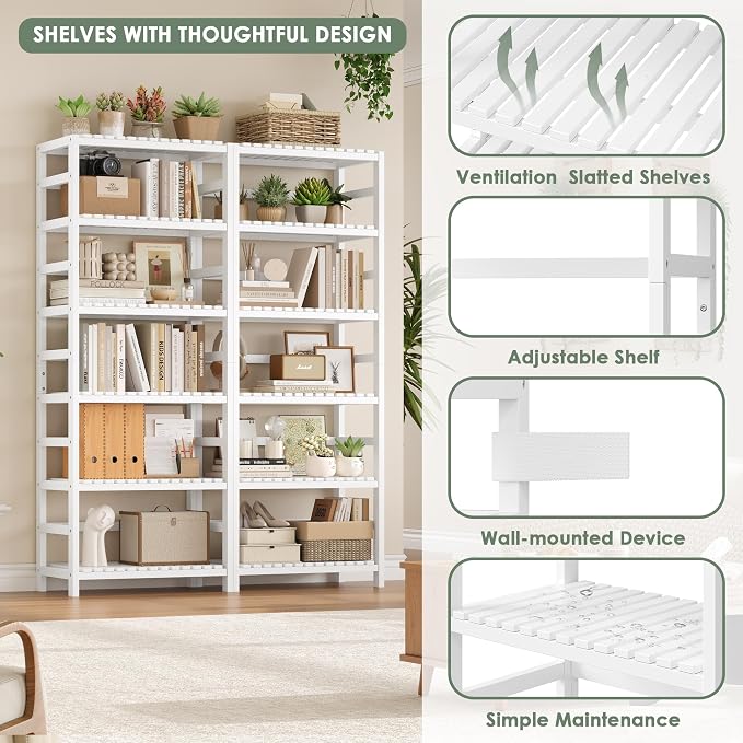 FOTOSOK 6-Tier Bamboo Shelf Set of 2, Bamboo Bookcase with Adjustable Shelves, Free Standing Storage Shelf Unit Plant Flower Stand, Tall Large White Bookshelf for Kitchen, Bathroom, Home Office, White - Image 6