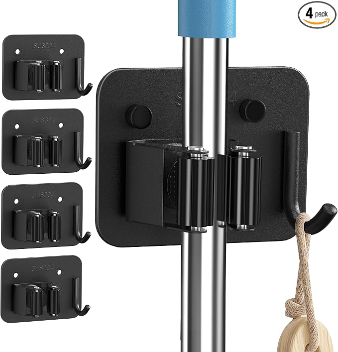 4 Pack Mop and Broom Holder Wall Mount - Stainless Steel Broom Mop Hanger - Wall Mounted Garden Tool Rack Organizer for Closet Garage Laundry Room Kitchen Decor (Black) by Unknown