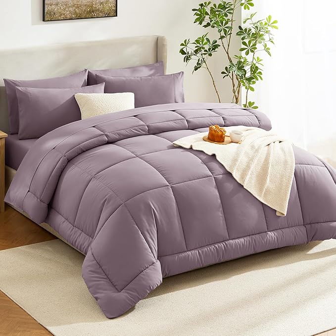 CozyLux King Size Comforter Set Dusty Purple, 7 Pieces Bed in a Bag, Purple Comforter King Size, Bedding Set with All Season Quilted Comforter, Flat Sheet, Fitted Sheet, Pillowcases