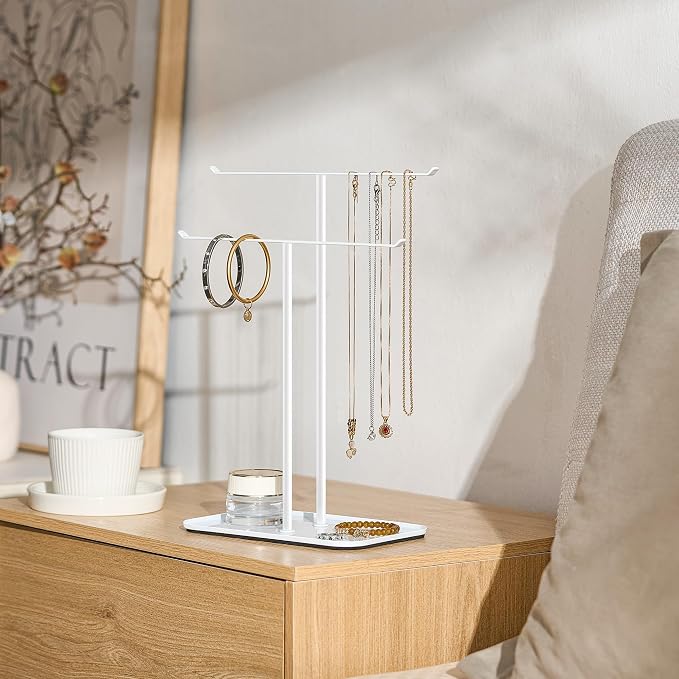 pickpiff Necklace Holder Jewelry Organizer Stand – 2‑Tier T‑Bar Jewelry Display Tree with Tray for Countertop Necklace Bracelet Earring Storage, Vanity Dresser Bathroom Sink, White - Image 4
