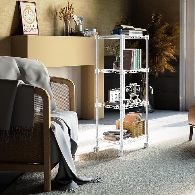 M MZG 1000 lbs 4-Shelf Adjustable Heavy Duty Steel Wire Rack, Adjustable Storage Shelving Unit with Wheel for Kitchen, Garage, Laundry White 11.8" D x 17.7" W x 40.8" H - Image 5